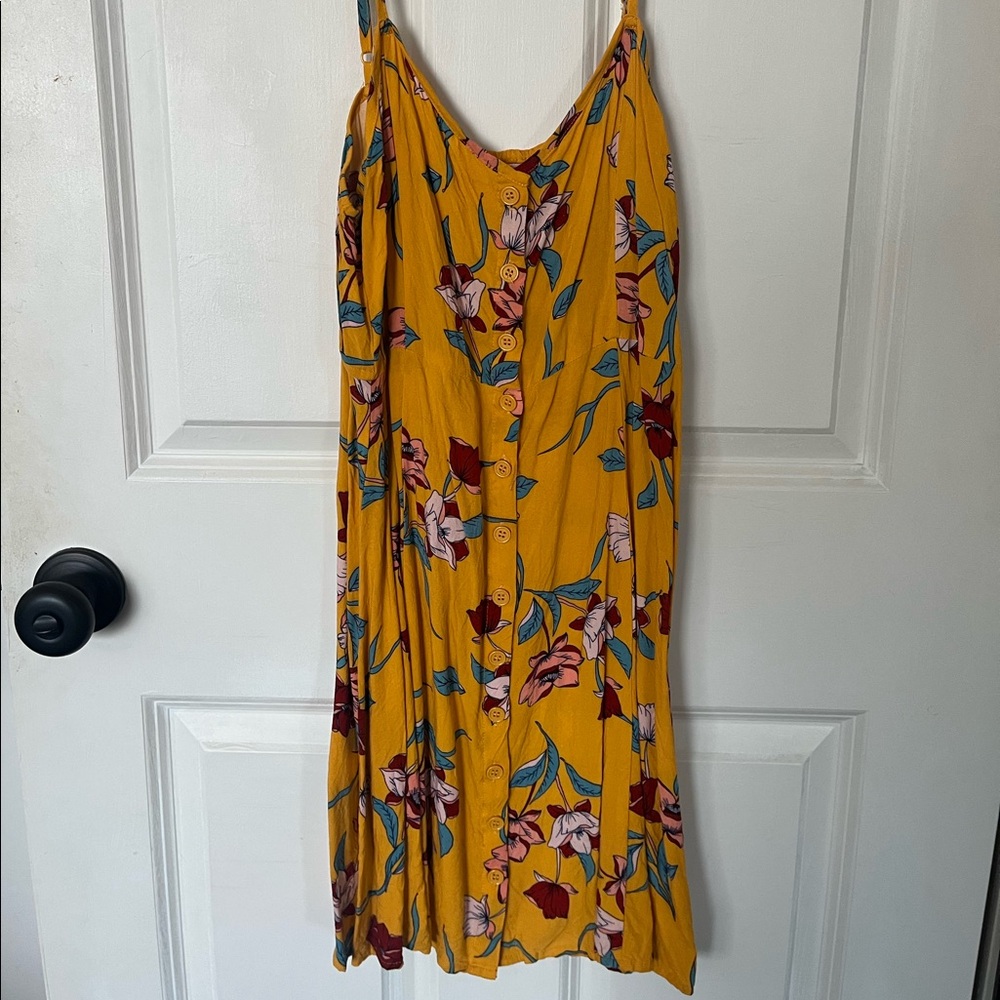 XL Yellow Floral Button-Down Mini-Dress with Adjustable Straps